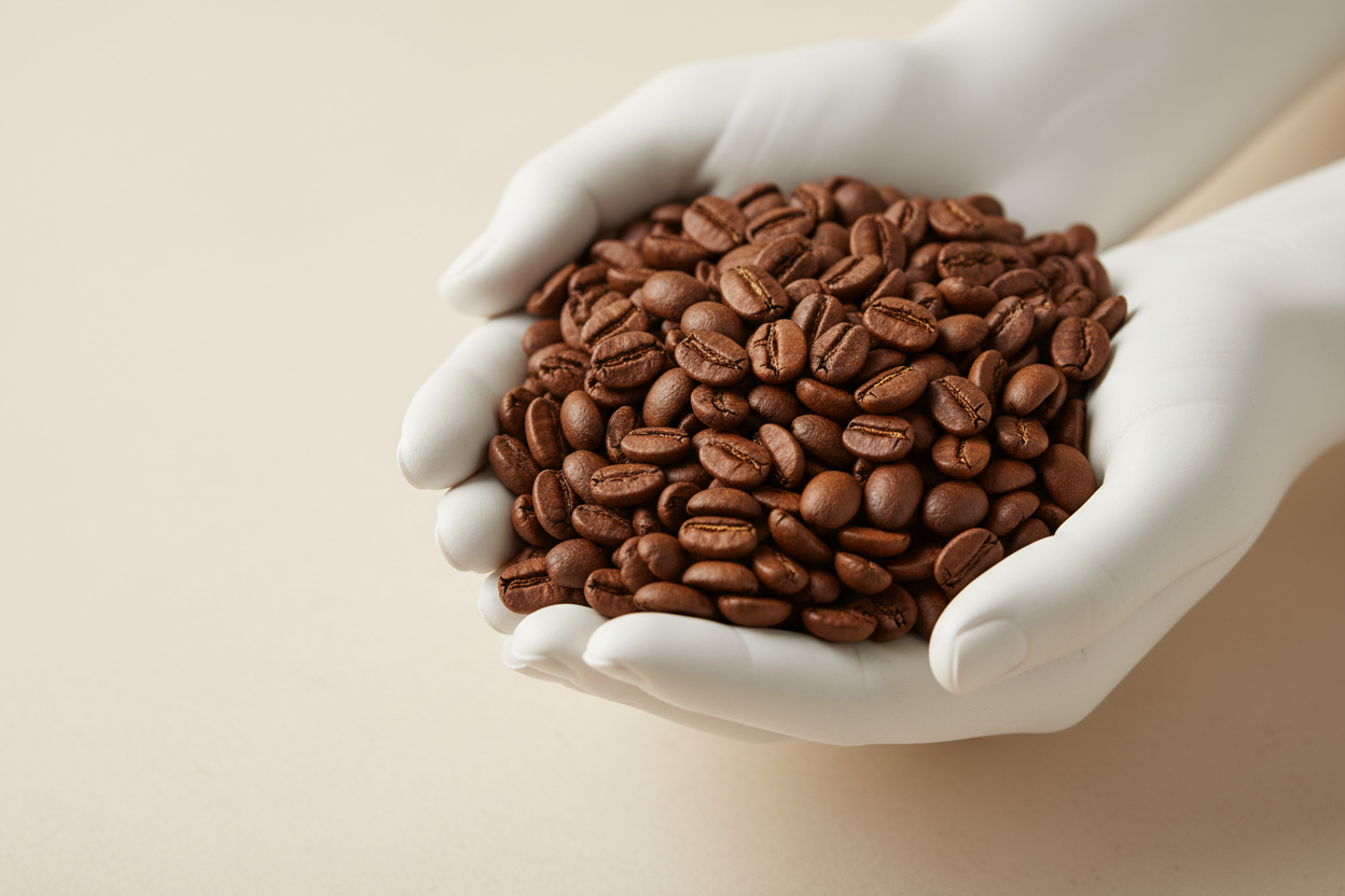 a AAA Arabic coffee beans in white hands and clean minimal cream background